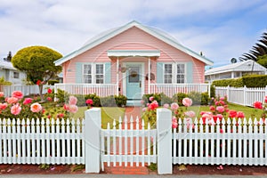 pastel coral seaside cottage with a white picket fence and rose garden