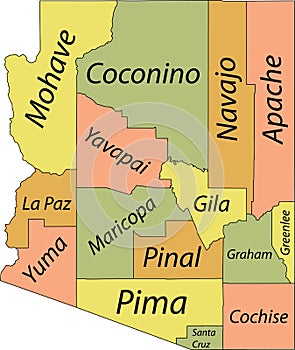Pastel counties map of Arizona, USA