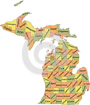 Pastel counties map of Michigan, USA