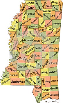 Pastel counties map of Mississippi, USA