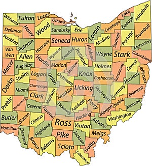 Pastel counties map of Ohio, USA