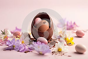 Pastel creative Easter concept, chocolate delicious egg candy surrounded by fresh spring field flowers