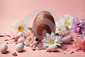 Pastel creative Easter concept, chocolate delicious egg candy surrounded by fresh spring field flowers