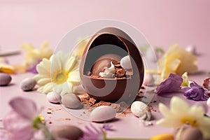 Pastel creative Easter concept, chocolate delicious egg candy surrounded by fresh spring field flowers