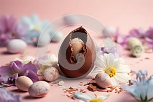 Pastel creative Easter concept, chocolate delicious egg candy surrounded by fresh spring field flowers