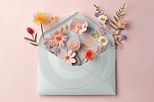 Pastel creative Spring love letter, Spring holiday greeting card, pastel fresh meadow field flowers. Minimal envelope