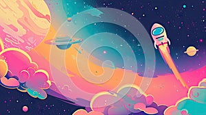 Pastel cute abstract background of galaxy planet and rocket