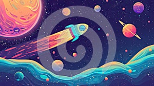 Pastel cute abstract background of galaxy planet and rocket