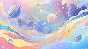 Pastel cute abstract background of galaxy planet and rocket