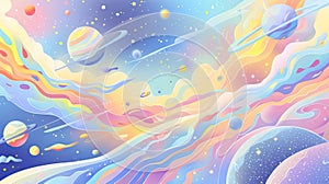 Pastel cute abstract background of galaxy planet and rocket