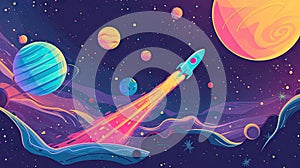 Pastel cute abstract background of galaxy planet and rocket