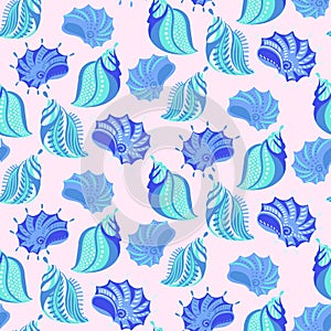 Pastel cute sea shells seamless pattern. Vector hand drawn. Abstract artistic ocean marine shell print. Vector hand drawn.