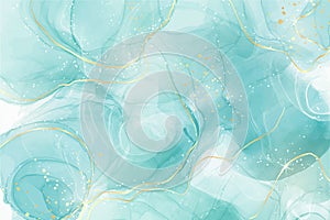 Pastel cyan mint liquid marble watercolor background with white lines and brush stains. Teal turquoise marbled alcohol