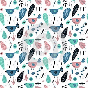 Pastel cyan, pink, blue birds on white background with plants, flowers. Seamless vector ethnic hand drawn pattern. Folk