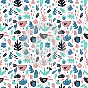 Pastel cyan, pink, blue birds on white background with plants, flowers. Seamless vector ethnic hand drawn pattern. Folk