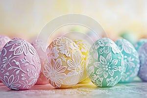 Pastel 3D Easter Eggs with Floral Patterns on Soft Gradient Background