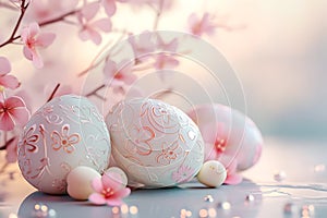 Pastel 3D Easter Eggs with Floral Patterns on Soft Gradient Background