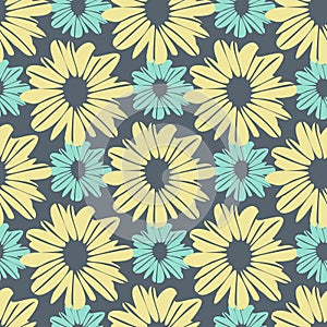 Pastel daisy flowers seamless pattern in yellow and blue colors on grey background