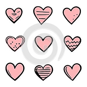 Pastel doodle hearts, hand drawn love heart collection isolated on white background. Vector illustration for any design