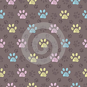 Pastel doodle paw print with brown background seamless pattern