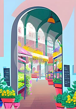 Pastel Doorways and Flower Markets: An Illustration of a Serene and Vibrant Outdoor Marketplace