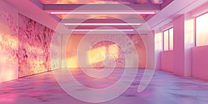 Pastel Dreamscape Interior: A Harmonious Blend of Pink and Blue Hues in a Light-Filled, Modern Space