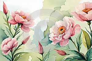 pastel dreamy flowers in pink, yellow with green leaves background. botanical nature art painting. elegant and vibrant