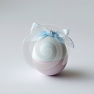 Pastel Easter Egg with Blue Lace Bow on White Background blue bow pink