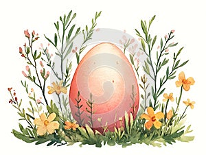 Pastel Easter egg surrounded by delicate flowers and greenery. Generative AI
