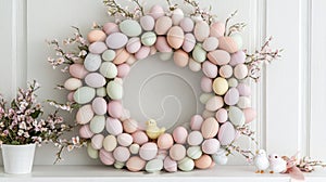 Pastel easter egg wreath with spring flowers and decorative birds