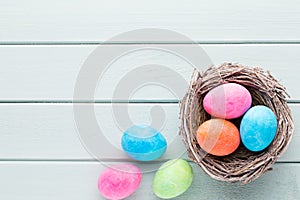 Pastel Easter eggs background. Spring greating card.