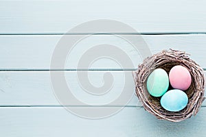 Pastel Easter eggs background. Spring greating card.