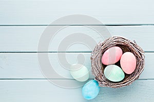 Pastel Easter eggs background. Spring greating card.