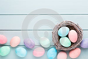 Pastel Easter eggs background. Spring greating card