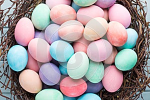 Pastel Easter eggs background. Spring greating card
