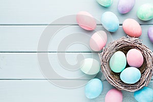 Pastel Easter eggs background. Spring greating card