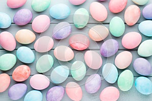 Pastel Easter eggs background. Spring greating card.