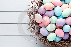Pastel Easter eggs background. Spring greating card.