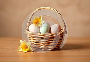 Pastel Easter Eggs in Basket with Daffodils