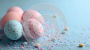 Pastel Easter Eggs on a Blue Background with Sprinkles