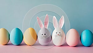 Pastel Easter eggs with bunny ears on blue background