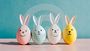 Pastel Easter eggs with bunny ears on blue background