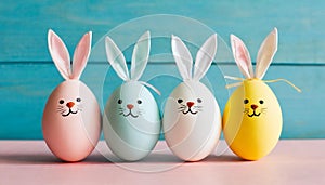 Pastel Easter eggs with bunny ears on blue background