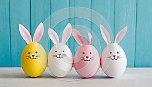 Pastel Easter eggs with bunny ears on blue background