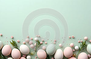 Pastel Easter Eggs and Decorations on Mint Green Background