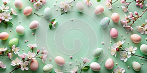 Pastel easter eggs and delicate spring blossoms arranged on a mint green background. Generative AI