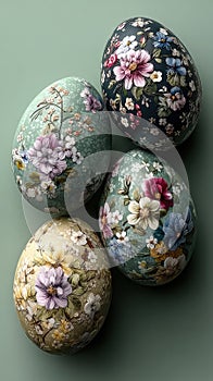 Pastel Easter eggs on light green background with floral patterns
