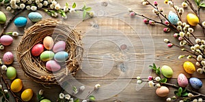 Pastel easter eggs in nest with spring blossoms on wooden background. Generative AI