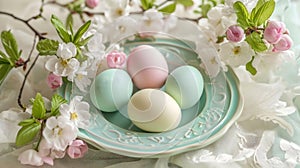 Pastel Easter Eggs Nestled in Spring Blossoms
