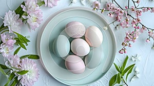 Pastel Easter Eggs on a Plate with Spring Blossoms
